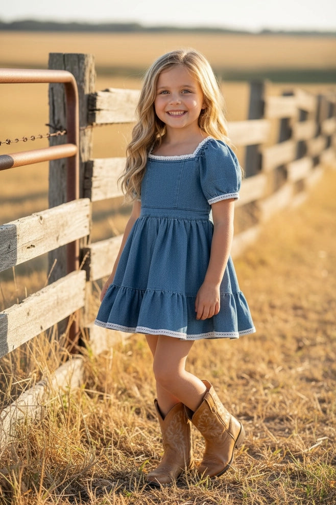 Denim Blue Dress With White Lace
