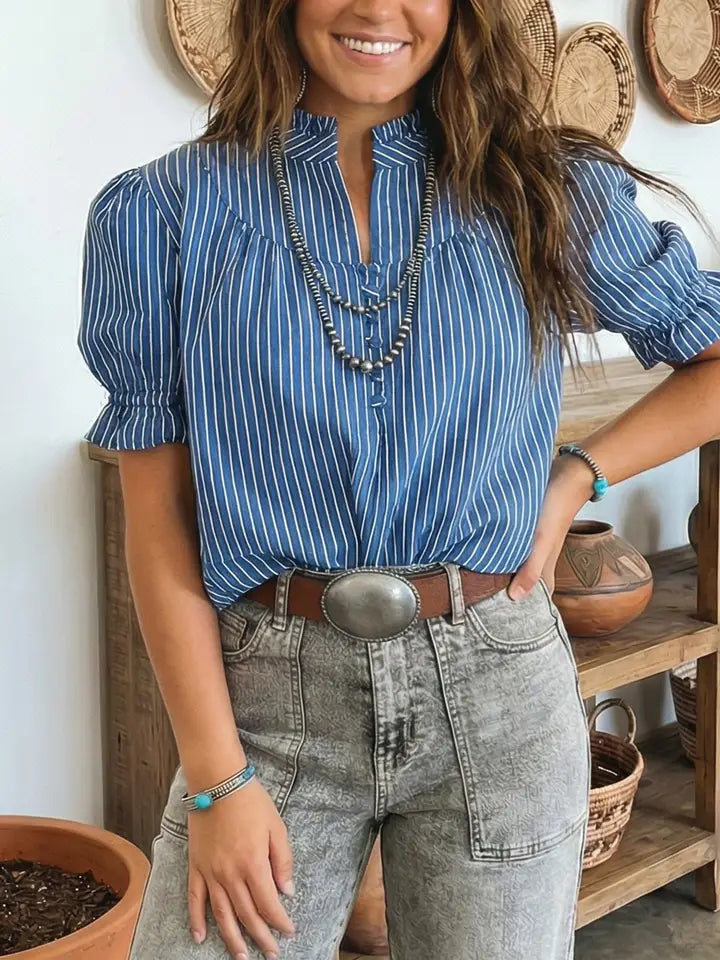Puff Sleeve V Neck Stripe Blouse