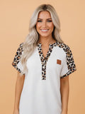 Pretty Bash Leopard Patchwork Half Buttoned Short Sleeve Top