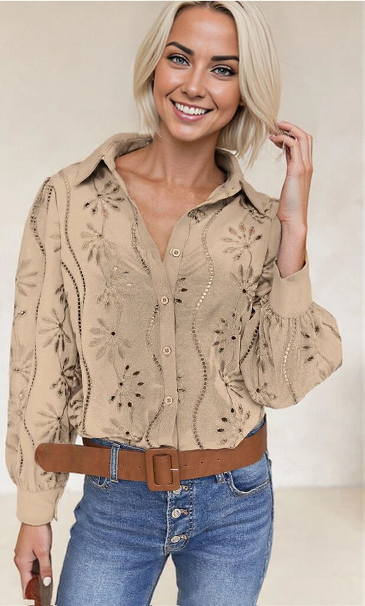Embroidered Eyelet Long Sleeve Button-Up Blouse