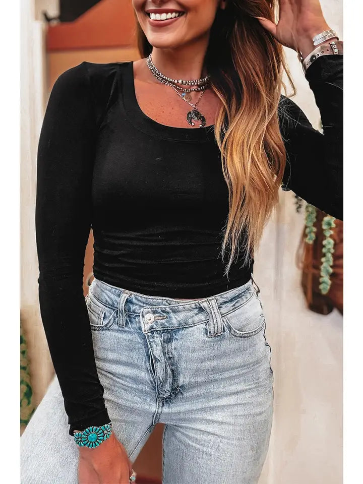 Solid Scoop Neck Long Sleeve Top