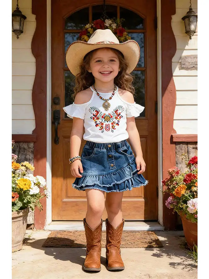 Cold Shoulder Sleeves White Top & Denim Skirt