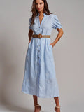 Embroidered Linen Blend Button Front Midi Dress