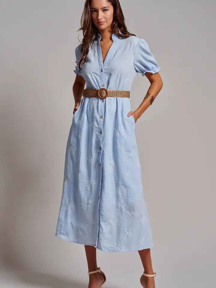Embroidered Linen Blend Button Front Midi Dress