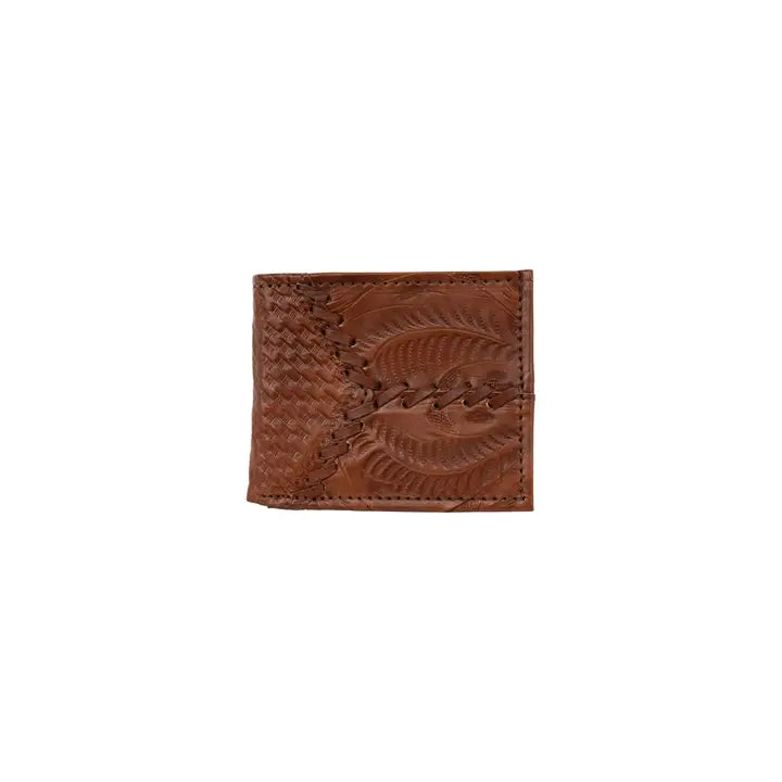 Men's brown tooled western bifold wallet with contrast stitching