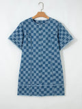 Checker Denim Frayed Hem Mini Dress