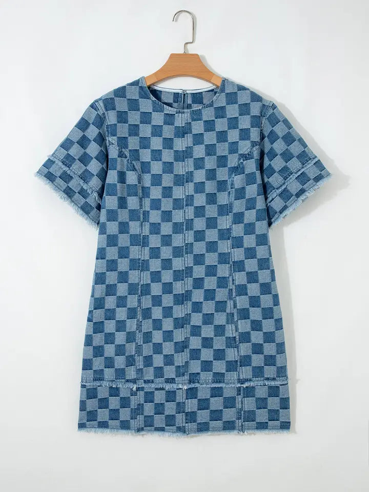 Checker Denim Frayed Hem Mini Dress