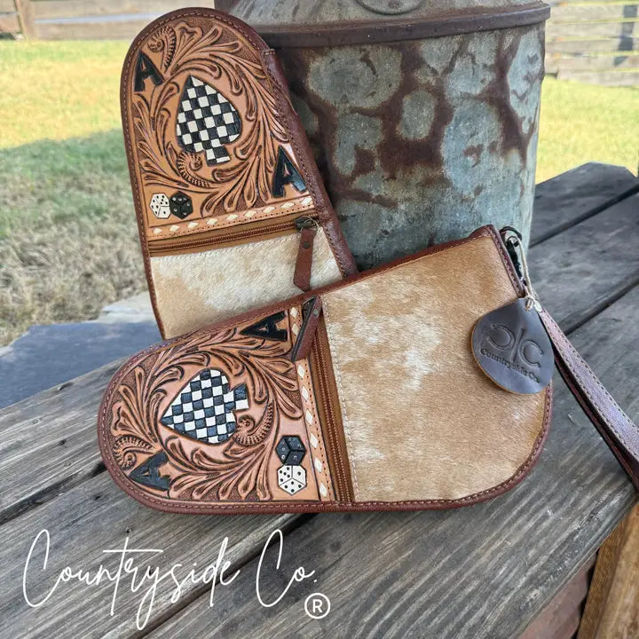 Hand Painted Tooled Leather and Cowhide Carry Case
