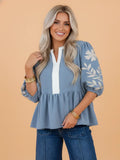 PRETTY BASH Floral Embroidered Colorblock Puff Sleeve Blouse