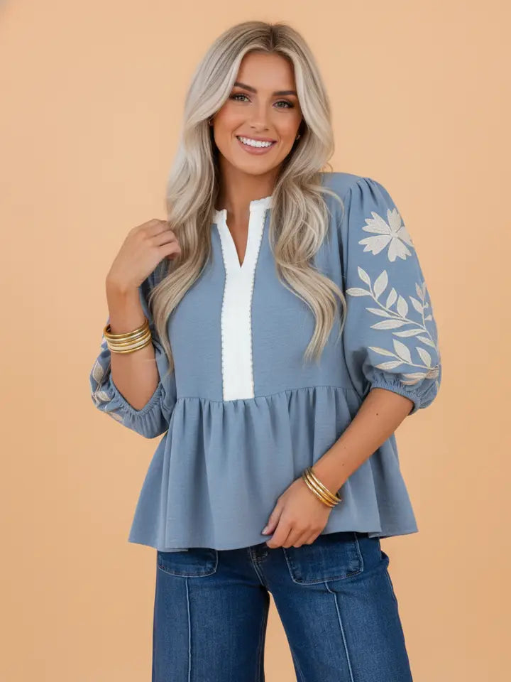 PRETTY BASH Floral Embroidered Colorblock Puff Sleeve Blouse