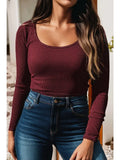 Ribbed Solid Color U Neck Cropped Long Sleeve Top