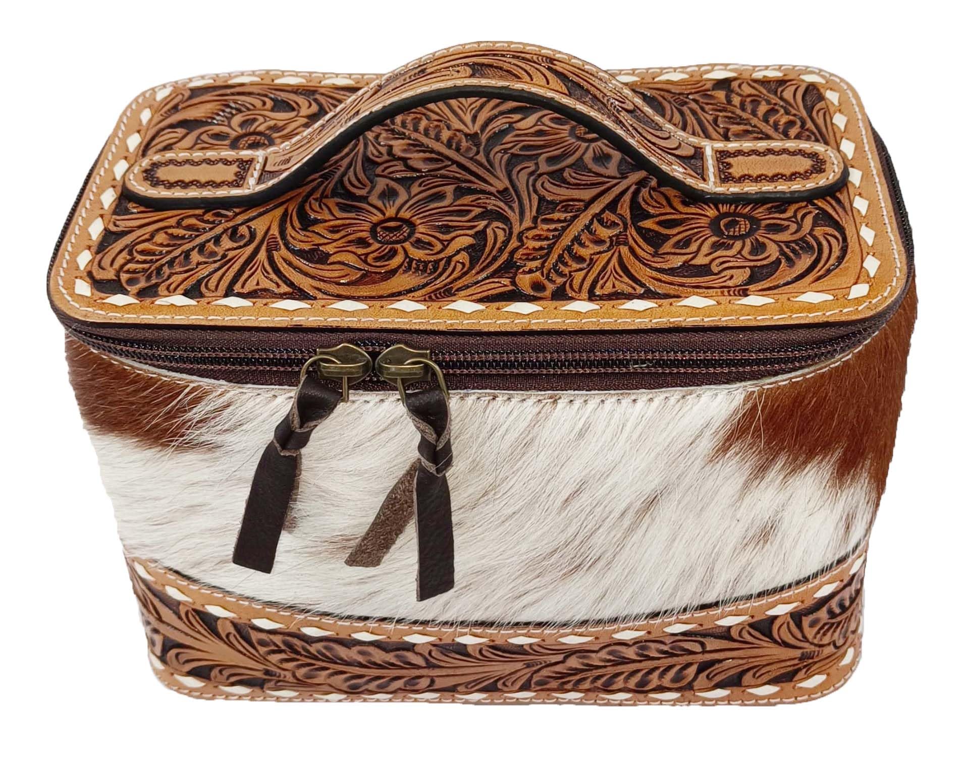 Floral Tooled Leather Cowhide Toiletry Bag