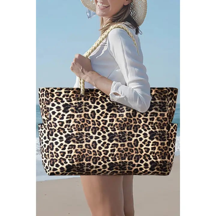 Leopard Print Rope Straps Large Travel Shopping Bag
