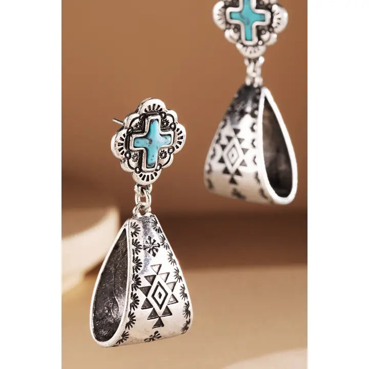Turquoise Stone Western Cross Drop Earrings