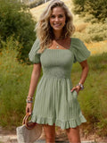 Green  Puff Sleeve Smocked Romper with Ruffle Hem