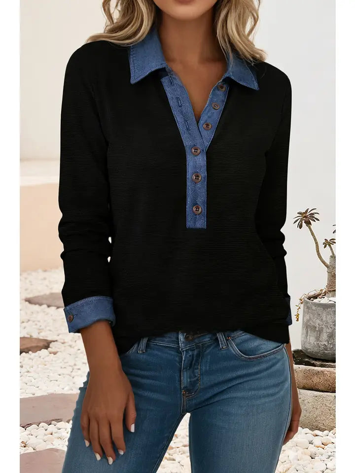 Knit Denim Patchwork Button Polo Collar Long Sleeve Top