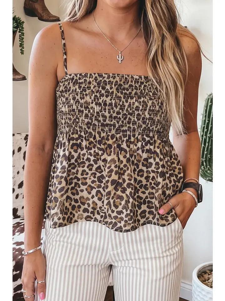 Ldc Leopard Spaghetti Straps Shirred Ruffle Tank Top