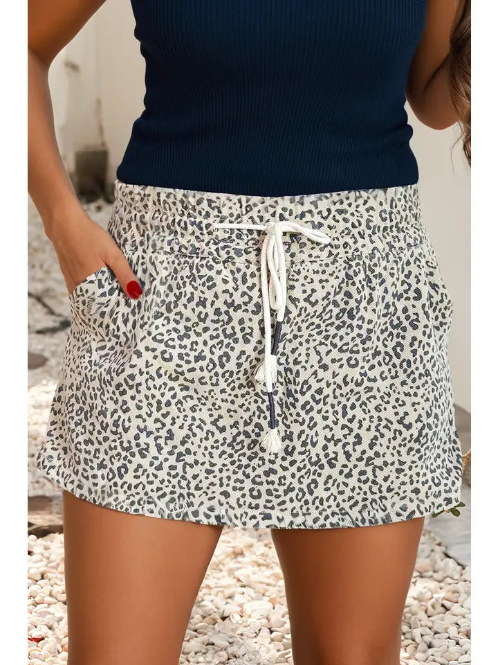 Ldc Leopard Print Tassel Drawstring Casual Denim Skort