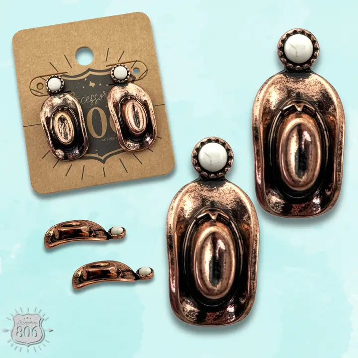 Western Cowboy Hat On Stone Post Earring