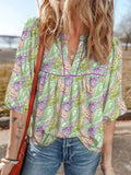 Boho Paisley Short Puff Sleeve V-Neck Blouse