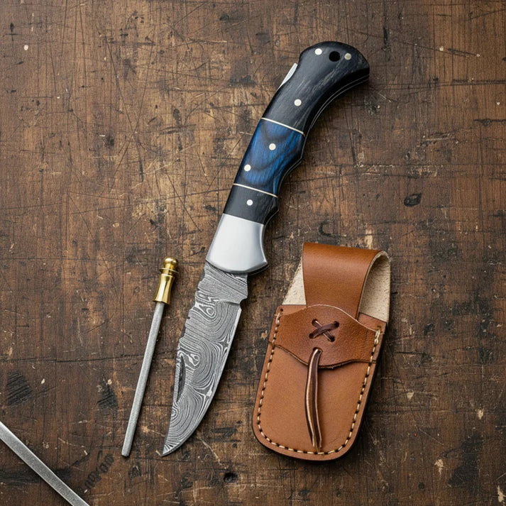FH Knives 6.5-Inch Handmade Damascus Folding Pocket Knife with Leather Sheath