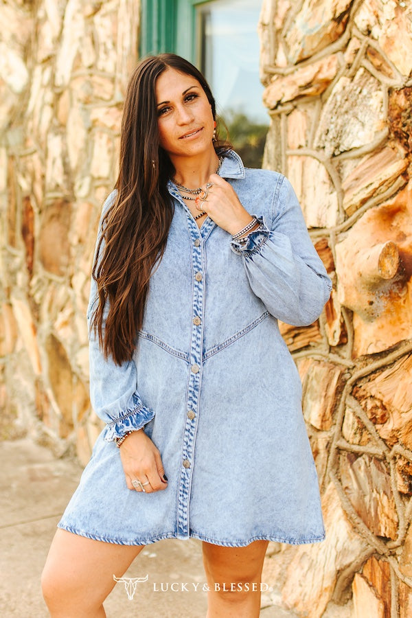 Light Vintage Wash Puff Sleeve Tencel Dress W Side Pockets