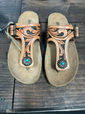 Women's Western Hand-Tooled Floral Genuine Leather Dual Buckle Sandals