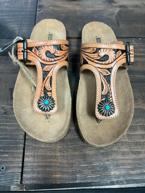 Women's Western Hand-Tooled Floral Genuine Leather Dual Buckle Sandals