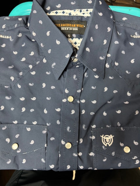 Men's blue paisley short-sleeve western shirt
