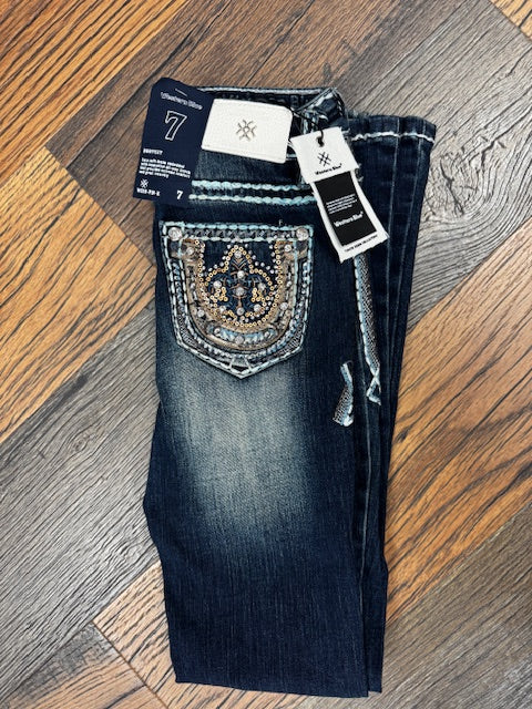 Girls' W218-PB-K blue western jeans with embroidered back pockets