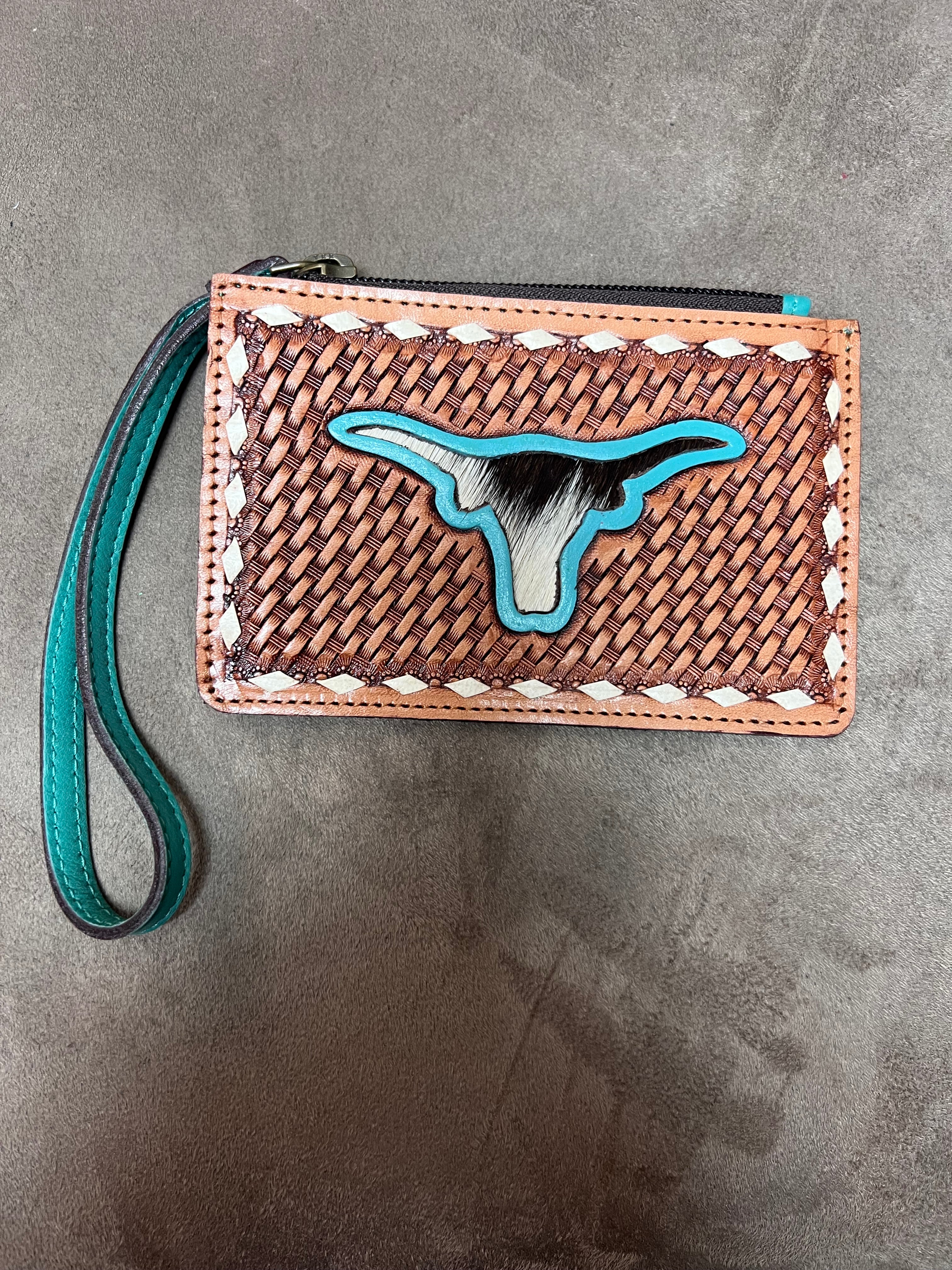 Tooled Clutch Wallet Teal/Brown