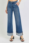 High Rise Ankle Wide Cuffed Jeans