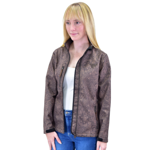 Cowgirl Hardware women’s Tooled Floral Polyshell Jacket in Dark Brown