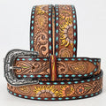 ADBLF132 Tooled Leather Western Belt - Sunflower & Paisley