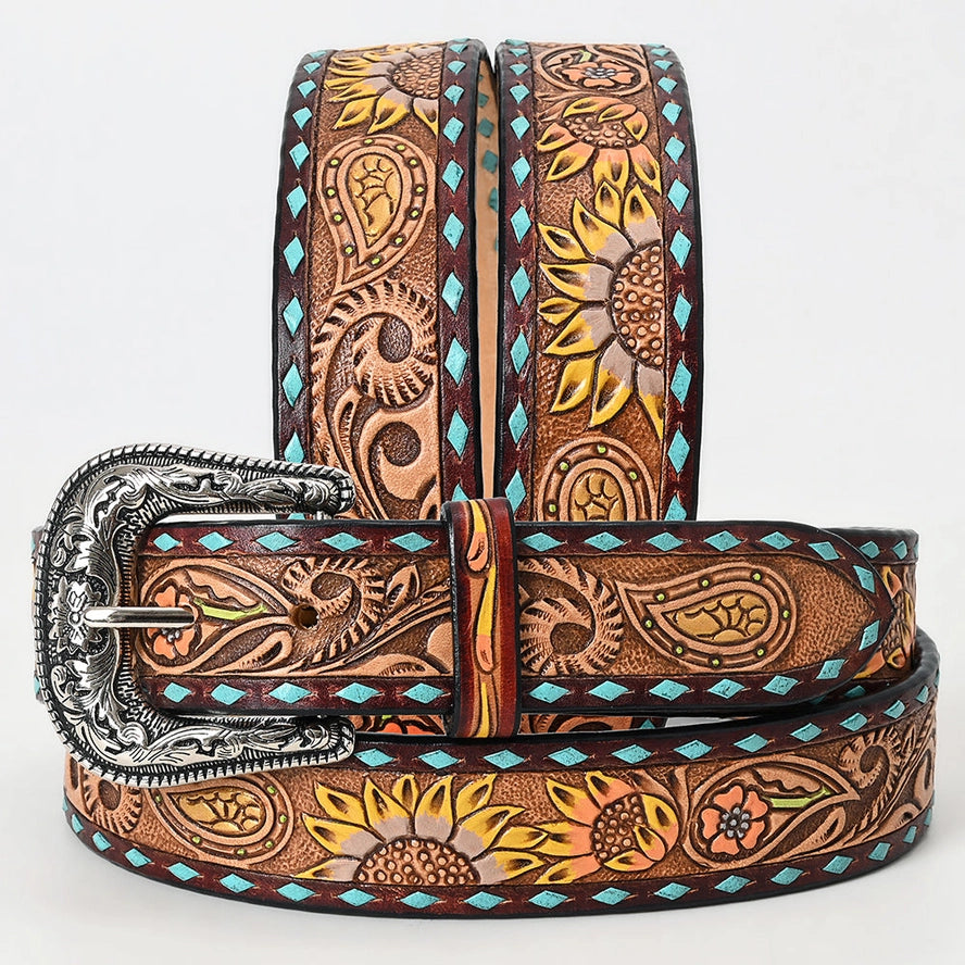 ADBLF132 Tooled Leather Western Belt - Sunflower & Paisley