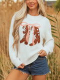 White Embroidered Bow Boots Graphic Drop Shoulder Sweater