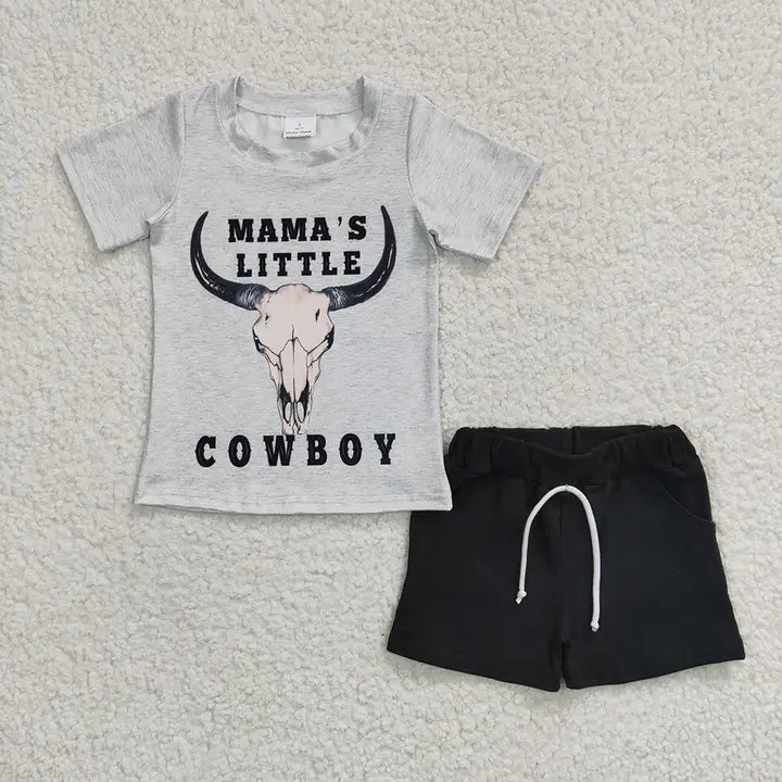 Baby boys' gray Mama's Little Cowboy graphic T-shirt with black shorts