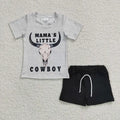 Baby boys' gray Mama's Little Cowboy graphic T-shirt with black shorts
