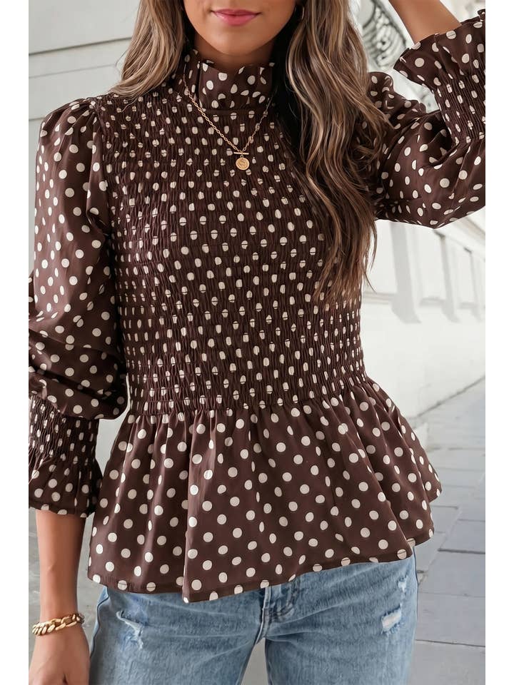 Aapparella Brown polka dot mock neck ruffled blouse