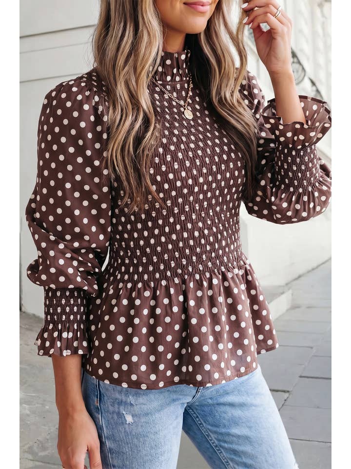 Brown polka dot mock neck ruffled blouse - view 2