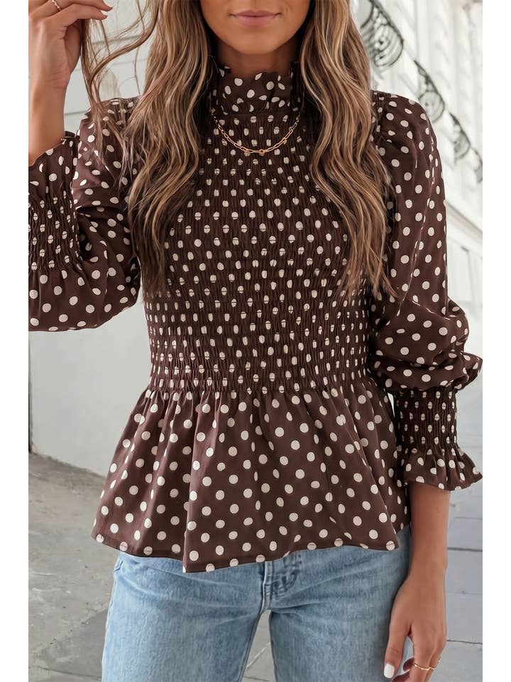 Brown polka dot mock neck ruffled blouse - view 4