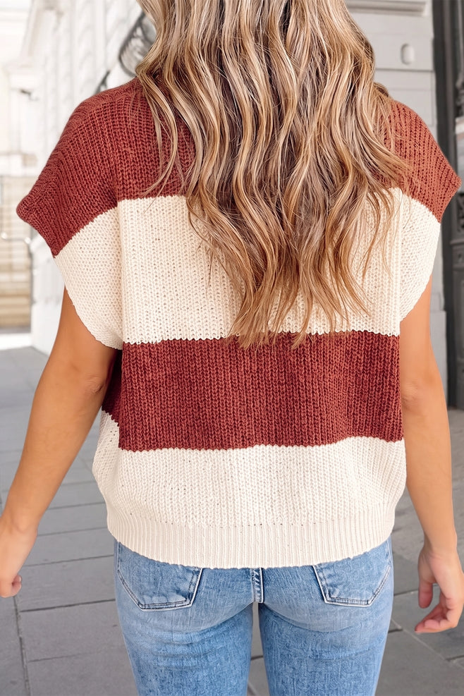 Brown Stripe V-neck loose knit sweater vest - view 2