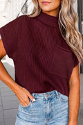 Aapparella Wine ribbed mock neck short sleeve sweater