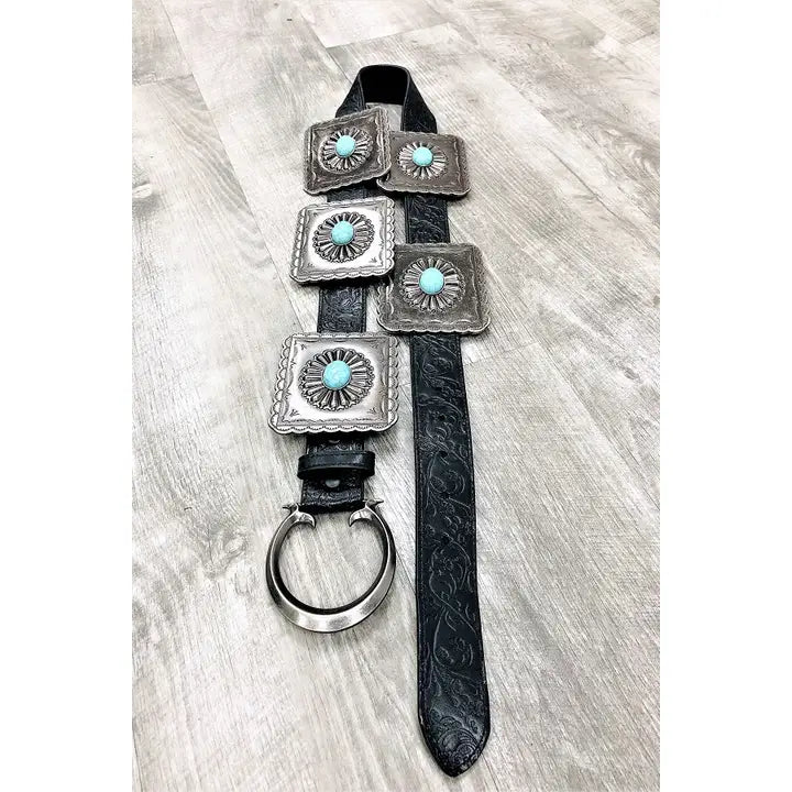Black Tooled Squared Turquoise Concho Belt