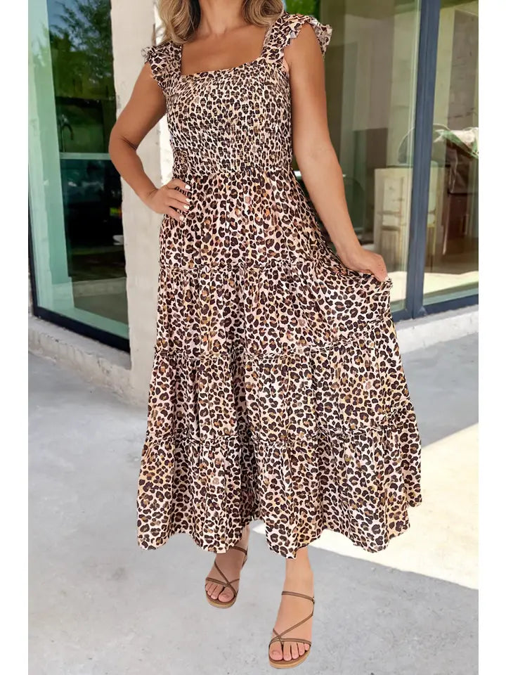 Leopard Ruffled Straps Smocked Tiered Maxi Dress