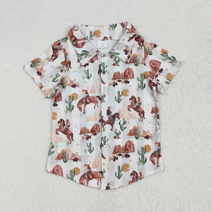 Boys' short-sleeve western cattle and cactus button-up shirt
