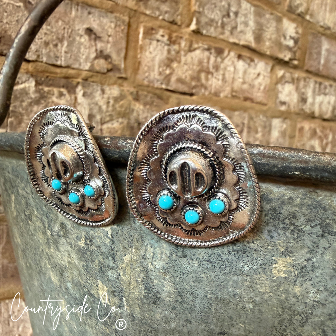 Amarillo Sky Western Cowboy Hat Earrings with turquoise-colored accents