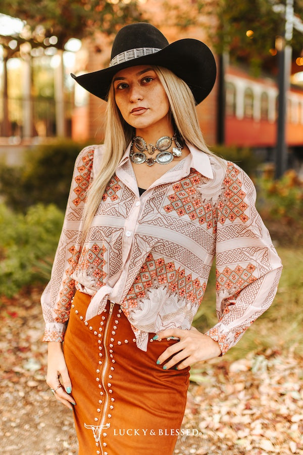 Aztec Wild Rag Printed Button Down Cuffed Sleeve Shirt