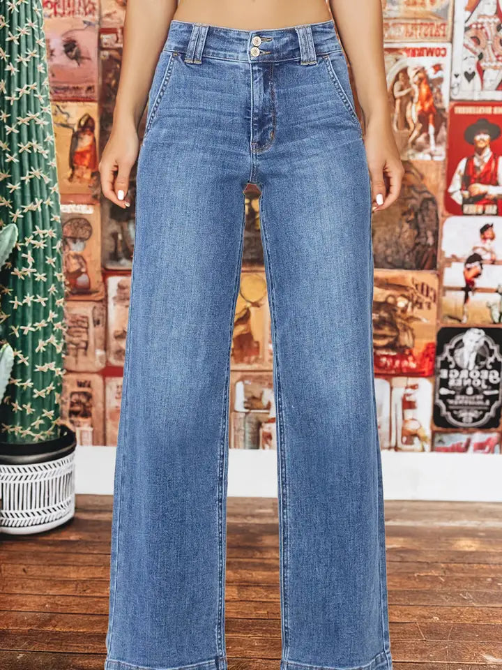 Western Double Button Zip Fly Straight Leg Jeans