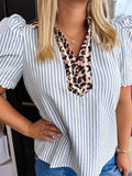 Plus Size Leopard Collar Stripe Bubble Sleeve Blouse